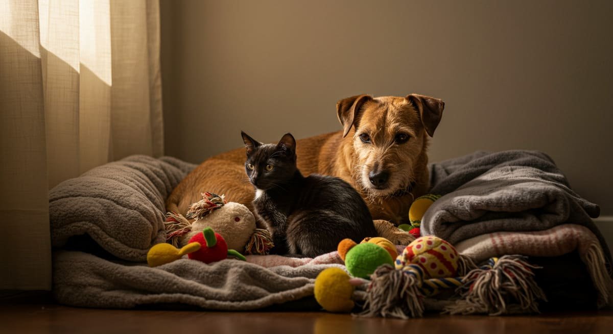 Como Evitar o Estresse em Cães e Gatos Durante Tempestades e Fogos de Artifício 1 Cão e gato tranquilos em um ambiente seguro com cobertores e brinquedos.