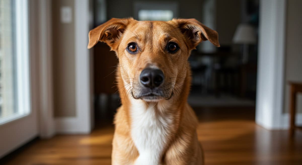 Você sabia que seu cão pode falar com você? Descubra a linguagem secreta dos cachorros! 1 Cachorro com expressão curiosa em uma sala aconchegante, representando comunicação entre cães e humanos