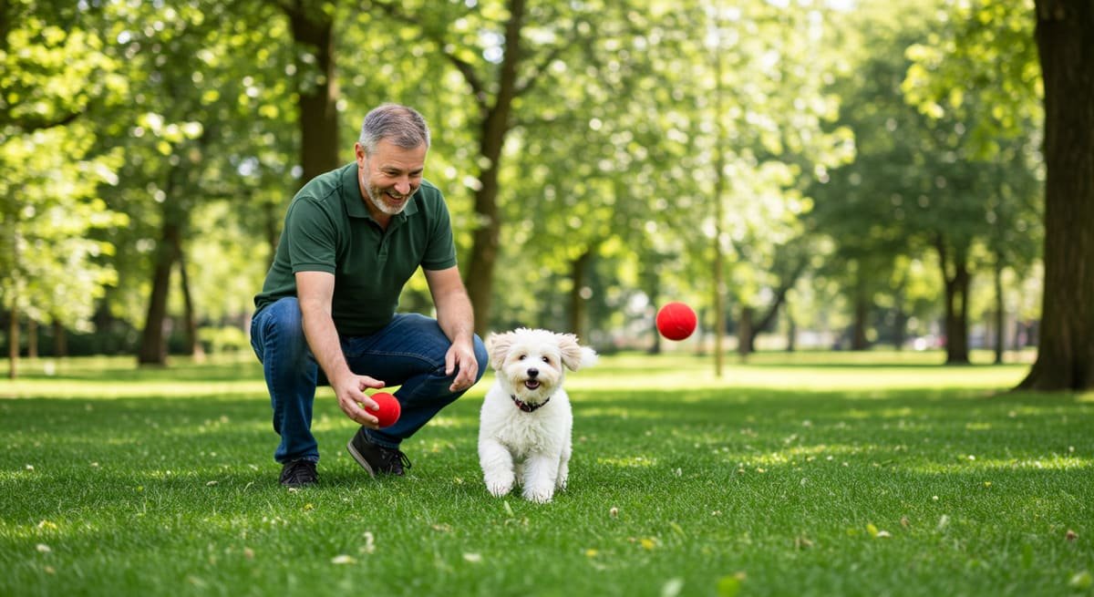 Cuidados com Filhotes de Cachorro: Guia Completo - Alimentação, Saúde e Dicas Práticas 1 Tutor brincando com seu pet, representando o carinho e os cuidados com filhotes de cachorro