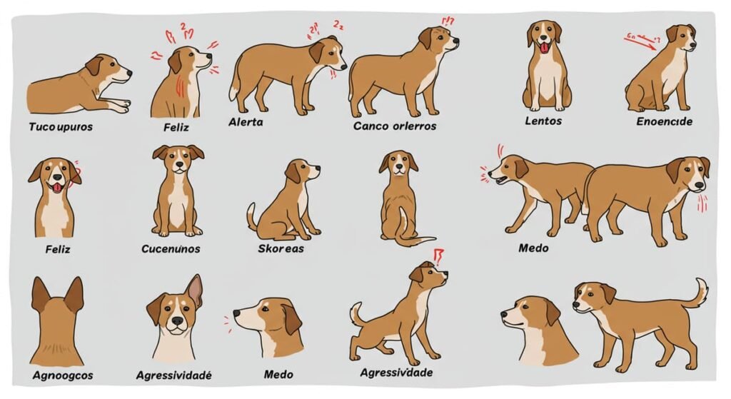 Você sabia que seu cão pode falar com você? Descubra a linguagem secreta dos cachorros! 2 Infográfico mostrando posições de cauda, orelhas e posturas dos cães e seus respectivos significados.