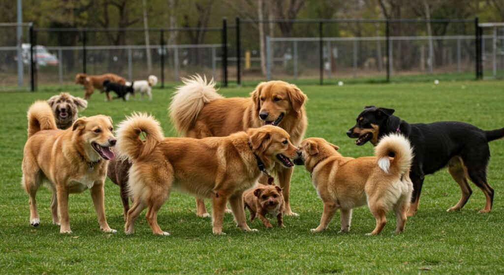 Cães também sentem emoções? Descubra como fazer seu cão mais feliz! 5 Cães brincando juntos em um parque, é como fazer seu cão feliz