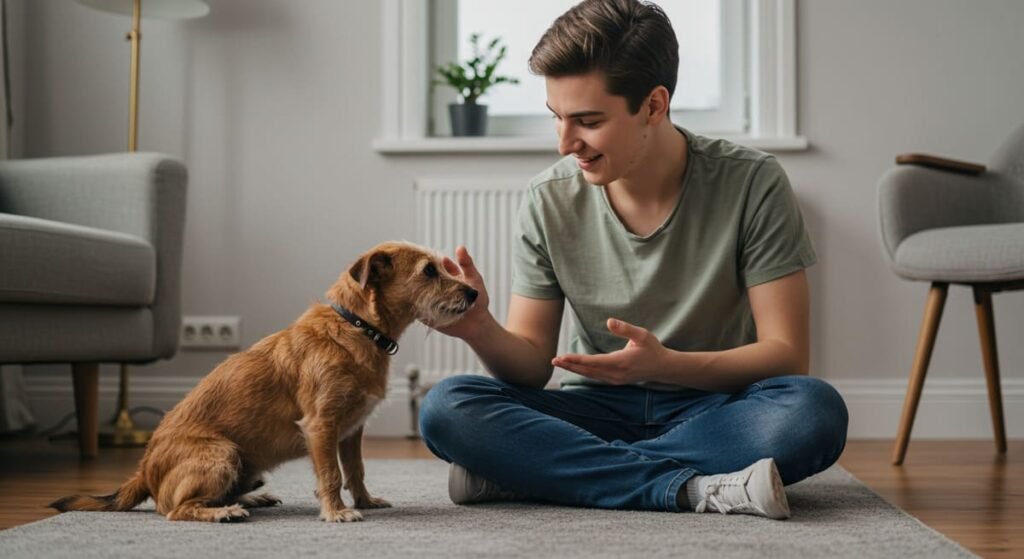 Como Evitar o Estresse em Cães e Gatos Durante Tempestades e Fogos de Artifício 8 Tutor acalmando um cachorro ansioso com postura tranquila e segura