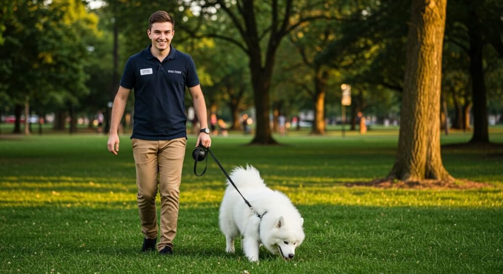 Cães também sentem emoções? Descubra como fazer seu cão mais feliz! 4 Tutor caminhando com um cão em um parque.