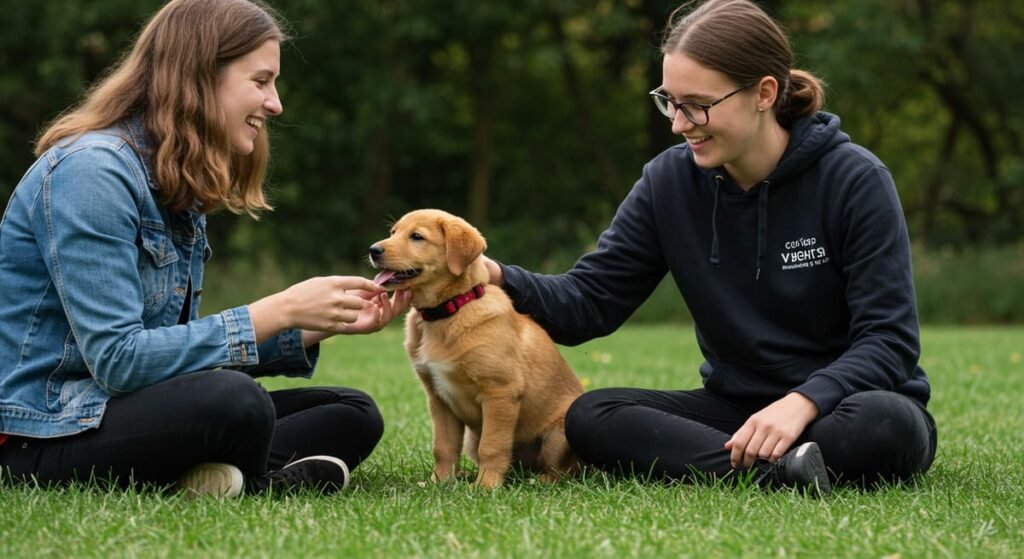 Cuidados com Filhotes de Cachorro: Guia Completo - Alimentação, Saúde e Dicas Práticas 6 Tutor ensinando comandos básicos a um filhote de cachorro