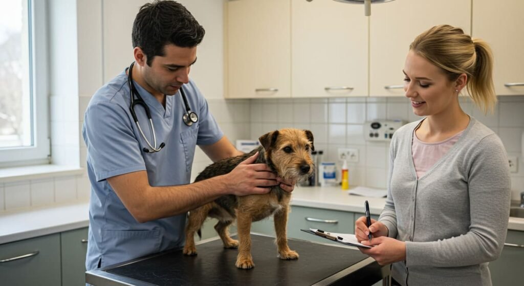 Como Evitar o Estresse em Cães e Gatos Durante Tempestades e Fogos de Artifício 9 Veterinário examinando um cachorro enquanto o tutor acompanha o procedimento