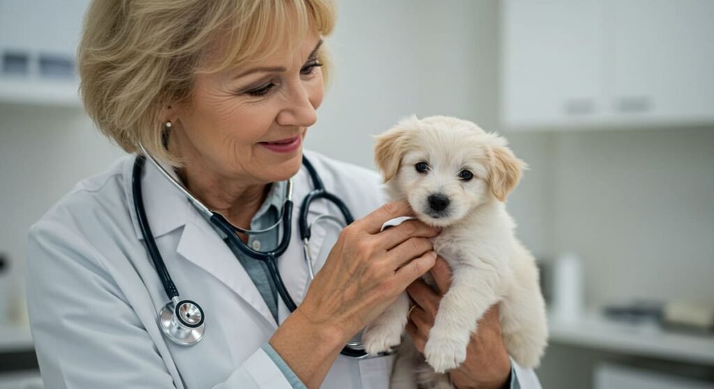 Cuidados com Filhotes de Cachorro: Guia Completo - Alimentação, Saúde e Dicas Práticas 4 Veterinário examinando um filhote durante consulta, mostrando o cuidado com filhotes de cachorro