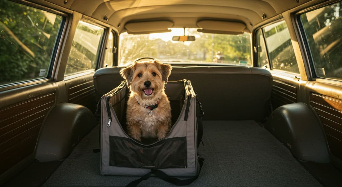 Dicas para Situações Específicas: Como Lidar com Viagens com Cachorro, Mudanças de Ambiente e Introdução de Novos Pets 1 Cachorro feliz em uma caixa de transporte durante uma viagem de carro