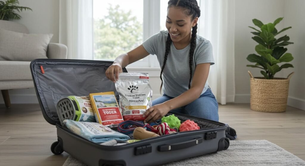 Dicas para Situações Específicas: Como Lidar com Viagens com Cachorro, Mudanças de Ambiente e Introdução de Novos Pets 2 Tutor preparando itens essenciais para viagens com cachorro