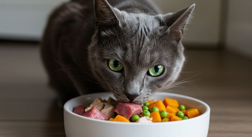 Alimentação Natural para Gatos: Mitos e Verdades que Você Precisa Saber! 2 Gato feliz comendo alimentação natural para gatos uma vida longa e saudável