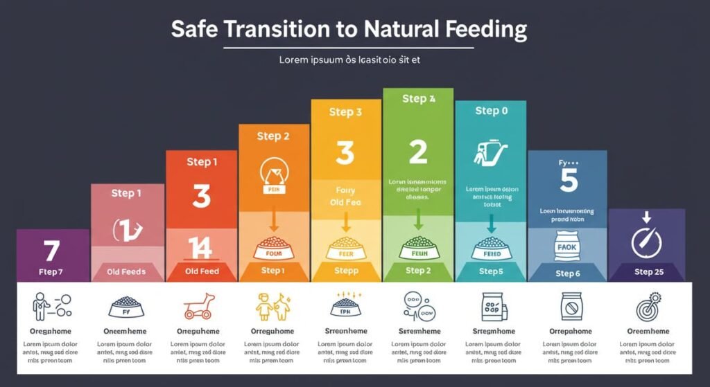 Alimentação Natural para Gatos: Mitos e Verdades que Você Precisa Saber! 11 Infográfico mostrando os passos para uma transição segura para a alimentação natural de gatos