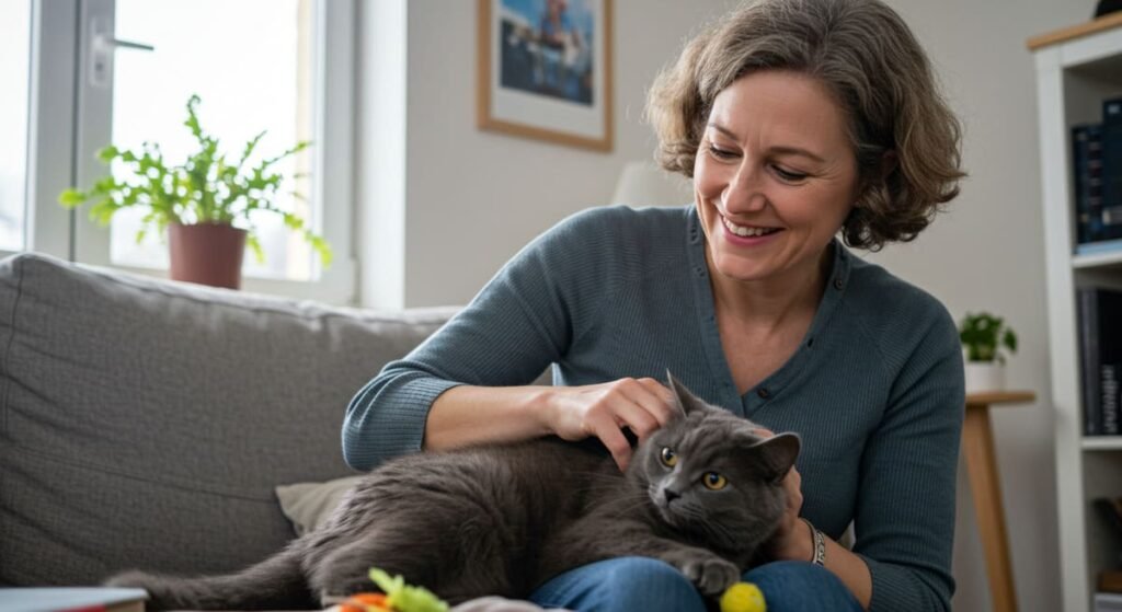 Alimentação Natural para Gatos: Mitos e Verdades que Você Precisa Saber! 14 Tutor feliz com seu gato saudável graças à alimentação natural.